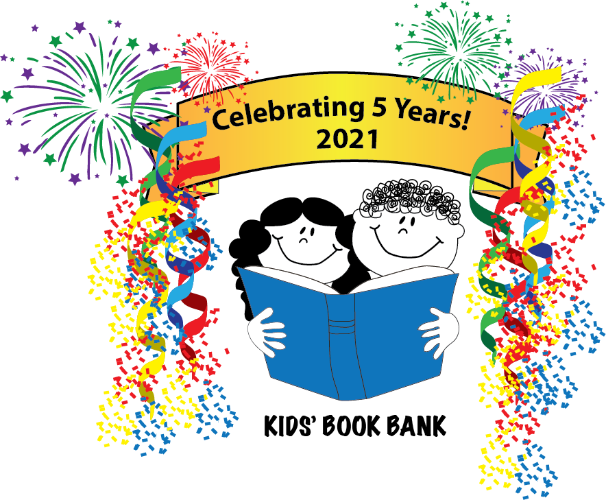 Cleveland Kids' Book Bank 5th Year logo with streamers and fireworks